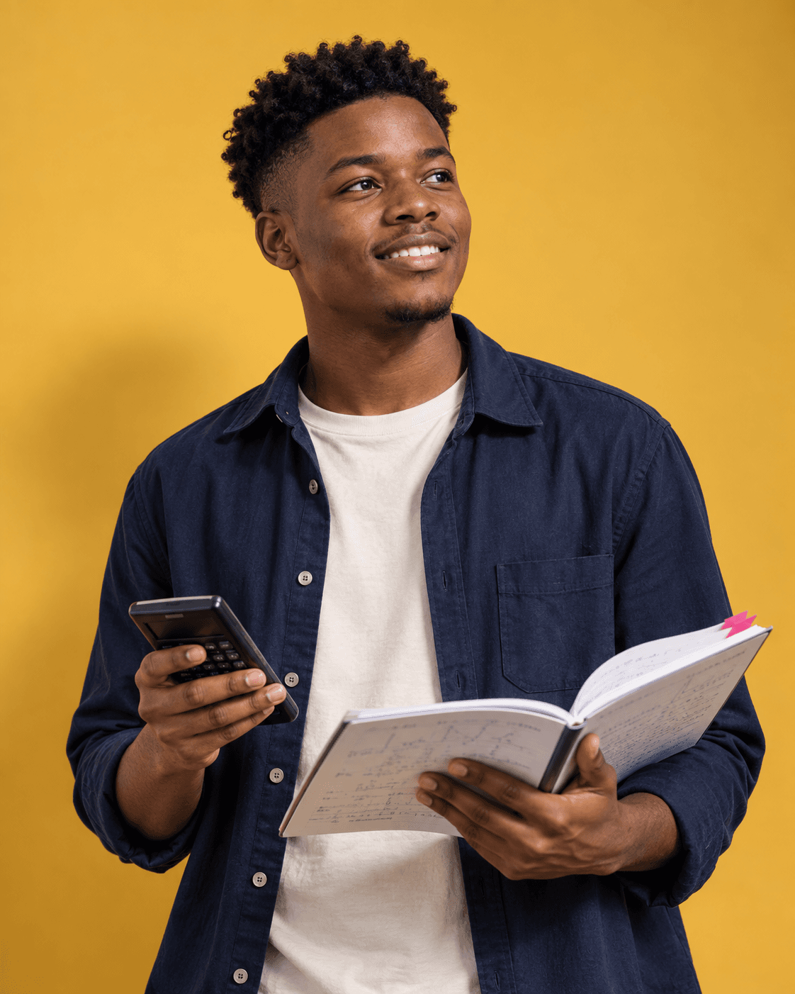 Illustrative portrait of a student working with a calculator and mathematics notebook