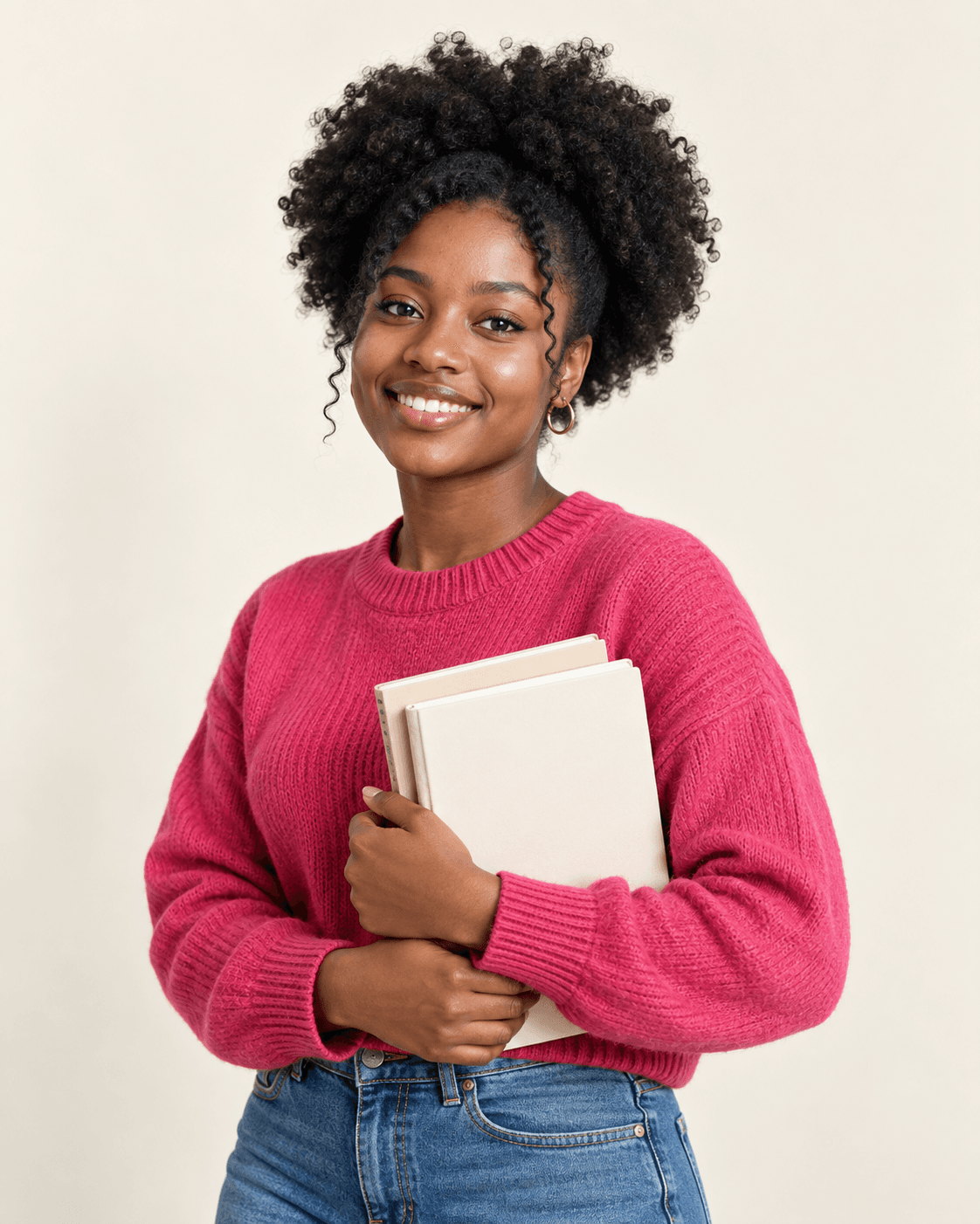 Illustrative portrait of a student holding her notebooks